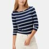 Francoise 3/4 Sleeve Dream Knit Tee - Ivory Navy Rugby Stripe