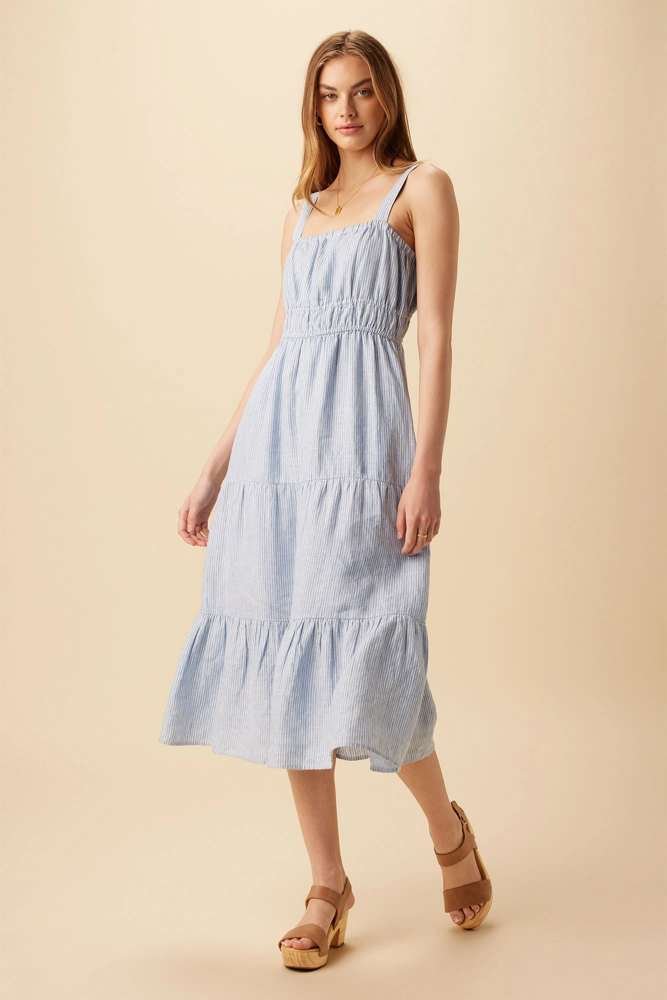 Elio Linen Midi Dress - Blue Natural Stripe 1 Elio Linen Midi Dress - Blue Natural Stripe
