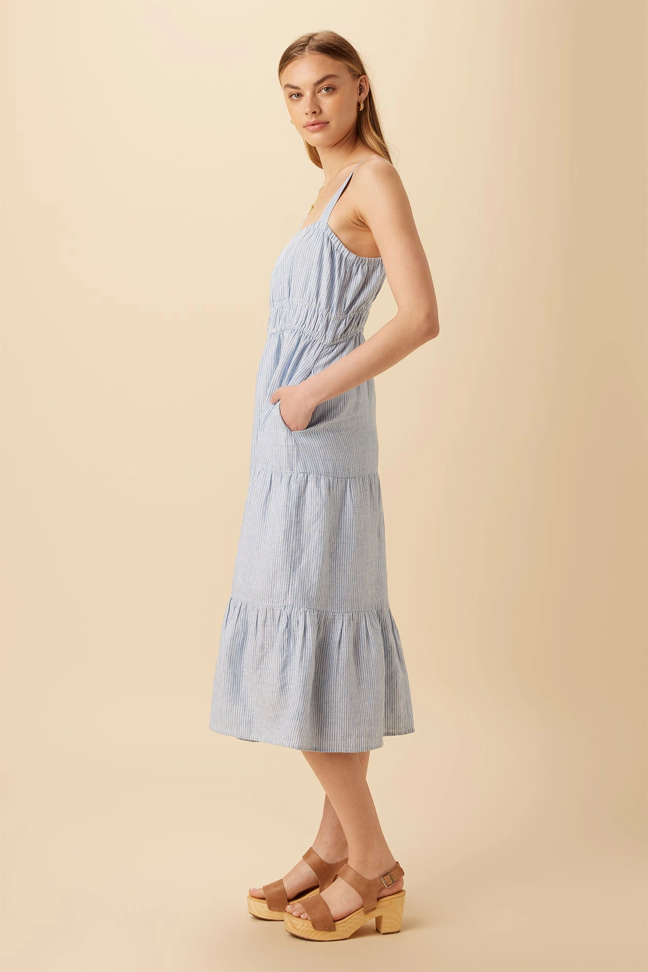 Elio Linen Midi Dress - Blue Natural Stripe 2 Elio Linen Midi Dress - Blue Natural Stripe - Image 2