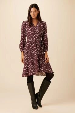 Elma Washable Silk Dress - Pebble Dot Plum