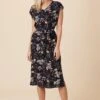 Cindra Washable Silk Midi Dress - French Jardin Black